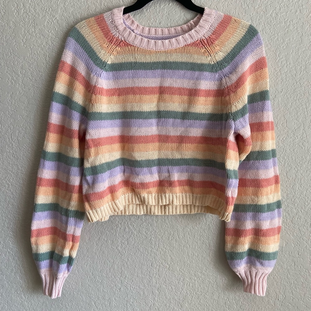 American Eagle Knit Sweater Cropped Rainbow Striped Pastel Long Sleeve